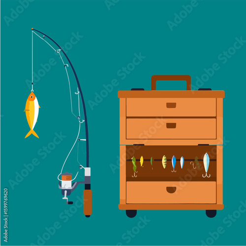 Simple, flat-style illustration of fishing gear, featuring a fishing rod with a caught fish, and an opened tackle box revealing an assortment of colorful fishing lures.