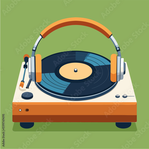 Stylized vector illustration of a retro turntable with headphones resting on the vinyl record, set against a green background, reminiscent of vintage listening.