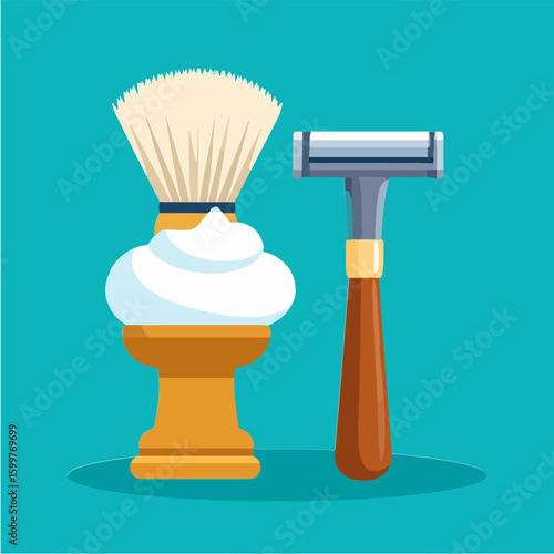 Barber shop or home shaving kit including razor and shaving brush with foam on a turquoise background, ideal for barbershop promotions and male beauty products.