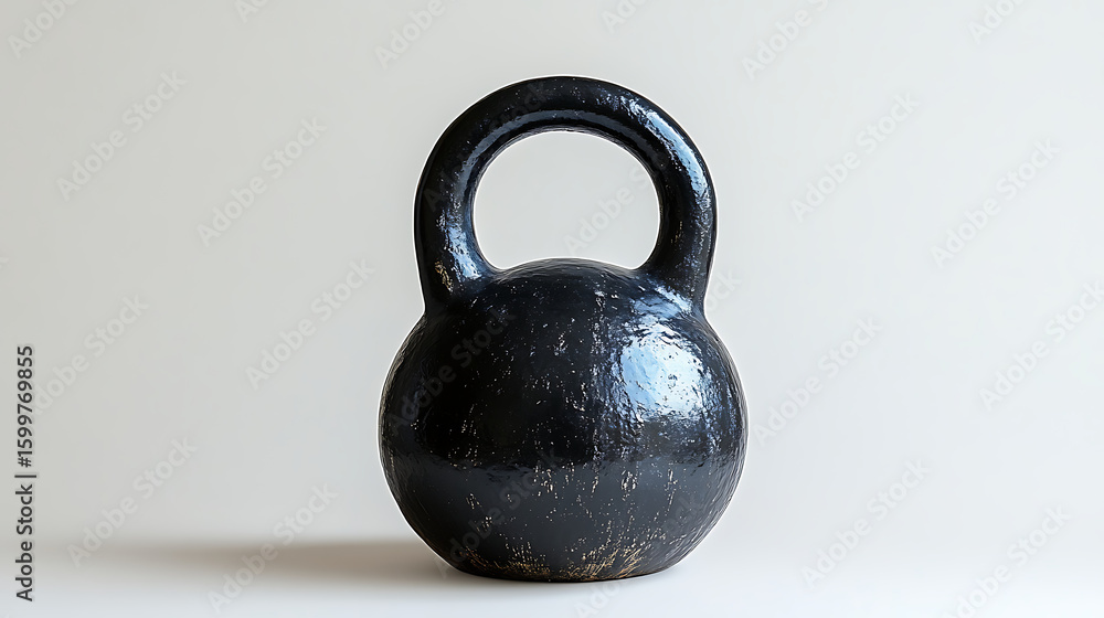 Fototapeta premium Black kettlebell standing on white background representing fitness training equipment