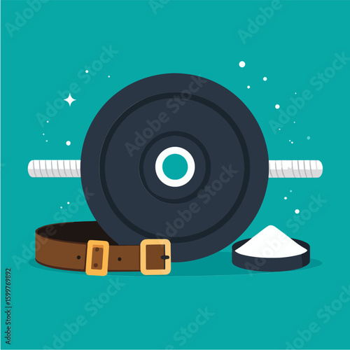 Minimalistic vector illustration featuring a barbell, weightlifting belt, and a container of protein powder or creatine against a teal background for fitness and gym enthusiasts.