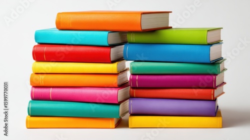 Wallpaper Mural A stack of brightly colored books is arranged on a white surface, displaying a range of hues including orange, teal, green, and purple. The vibrant covers create an inviting, cheerful atmosphere. Torontodigital.ca