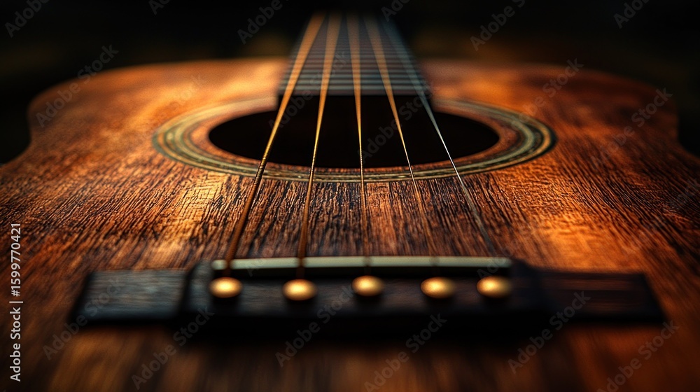 Fototapeta premium Close-up View of an Acoustic Guitar's Rich Wood Grain and Strings