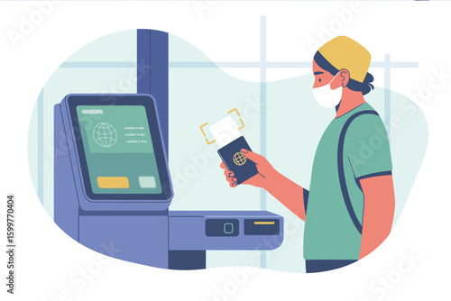 Person wearing a mask scanning passport at self service kiosk in an airport terminal illustration