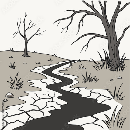 Drought-stricken Riverbed: A stark monochrome depiction of a cracked riverbed, flanked by barren trees, underscores the devastating effects of drought on the environment.