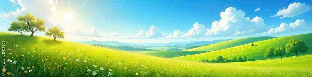 Obraz premium Serene landscape painting depicting a sun-drenched meadow with rolling hills and a vibrant blue sky, perfect for nature-themed projects and calming home decor , clouds, outdoor, nature