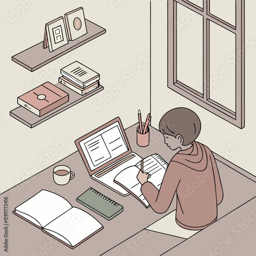Focused Study Session: An illustrated scene of a student diligently engrossed in their studies, capturing a moment of focused concentration and academic pursuit.