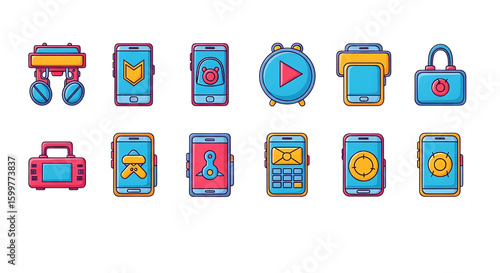 Icon set transparent background illustration of a collection of technology and gadget icons including smartphones gaming devices headphones and a portable