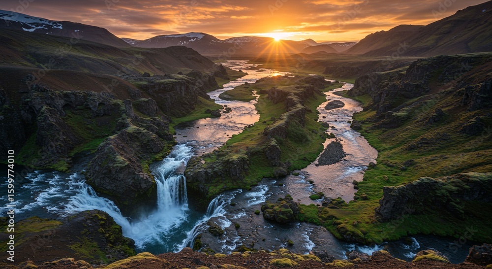 Fototapeta premium Sunset over waterfall valley landscape