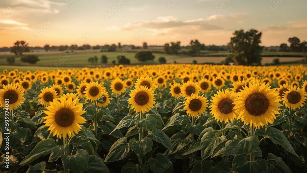 Obraz premium Golden Sunflowers Flourishing In Summer Field Against Cloudy Sky