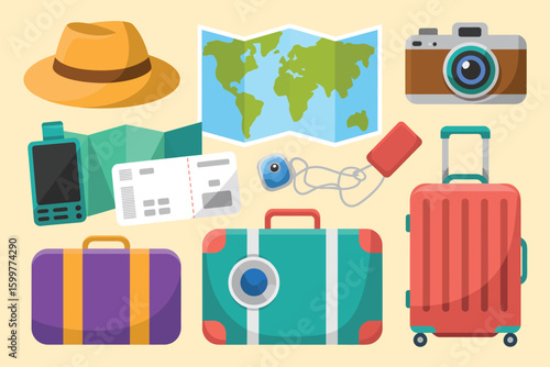 Flat lay illustration of travel essentials including suitcases camera map and travel accessories laid out