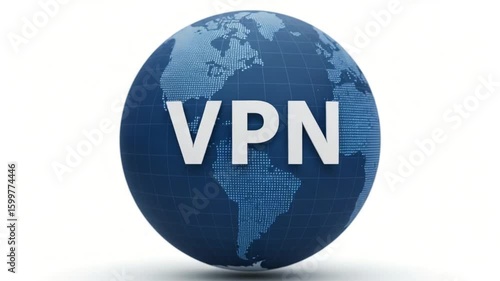 A 3D globe, dark blue, with a light-white VPN acronym displayed prominently.  The globe is detailed with a dotted world map and a grid pattern