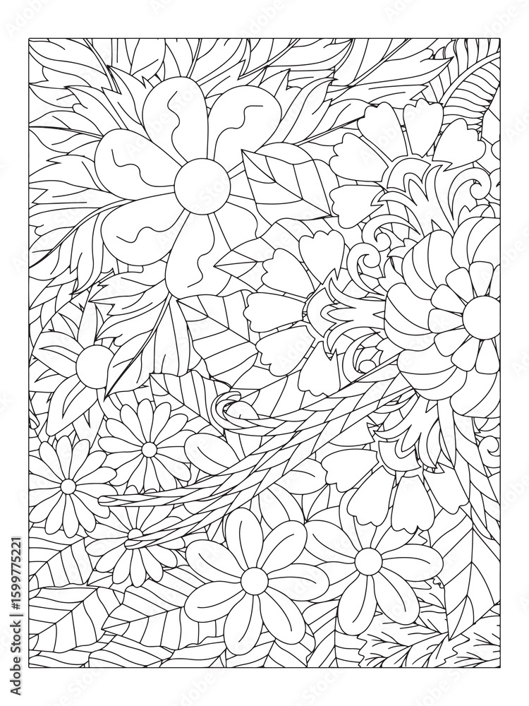 Fototapeta premium Doodle floral pattern in black and white. Page for coloring book: very interesting and relaxing job for children and adults. Black and white flower pattern for adult coloring book