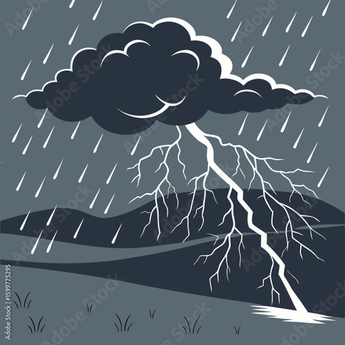 Stormy Sky Illustration: A powerful illustration depicts a dramatic thunderstorm, complete with dark, ominous clouds, flashing lightning bolts, and pouring rain over a landscape.