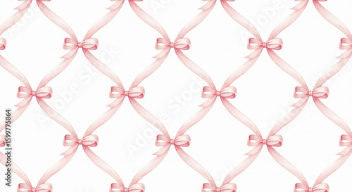 Delicate pink ribbon bows forming a repeating lattice pattern on white background
