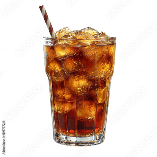 Refreshing tall glass of iced cola with straw and ice cubes isolated on transparent background