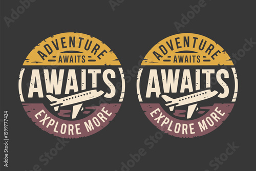 Two circular travel stickers with adventure awaits and airplane graphic on a dark gray background