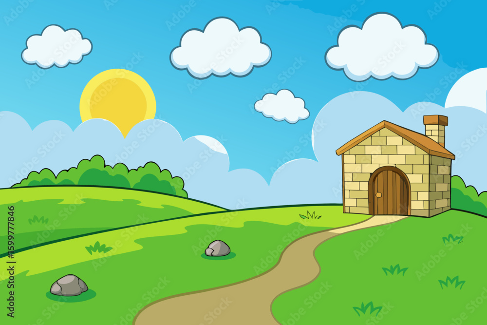 Fototapeta premium Green meadow, sunny sky with clouds in the distance and a stone house vector illustration
