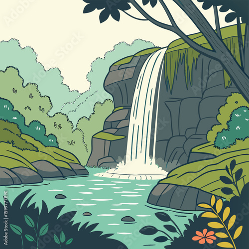 Serene Cascade: A beautifully illustrated waterfall gracefully plunges into a calm, turquoise-colored pool. Lush vegetation frames this idyllic scene.