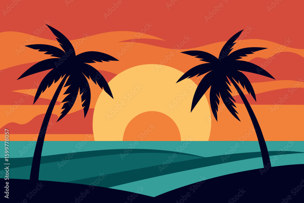 Palm trees swaying in sunset breeze near ocean vector illustration Palm trees swaying in sunset breeze near ocean vector illustration
