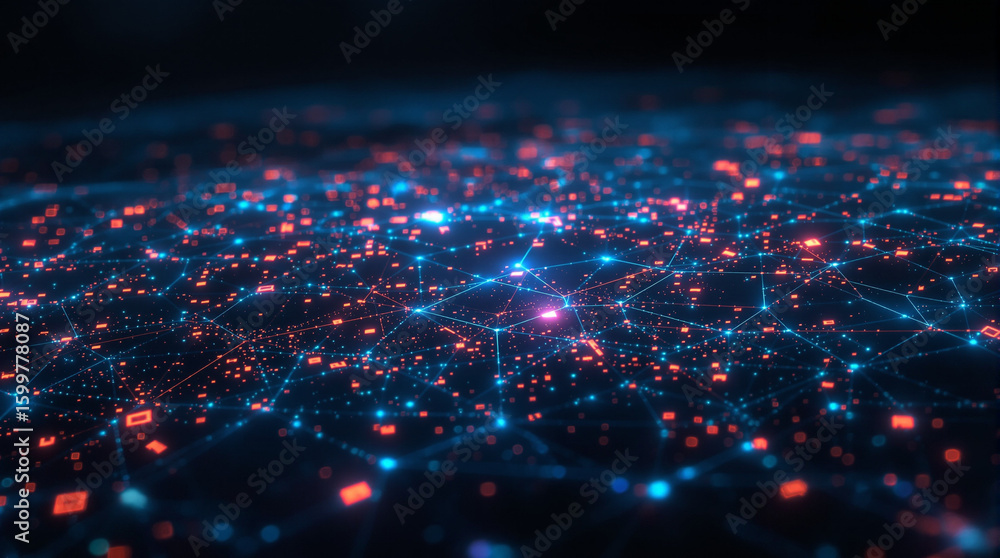 Fototapeta premium Abstract digital landscape of glowing nodes and connecting lines in blue and orange hues, suggesting a network or data visualization. 