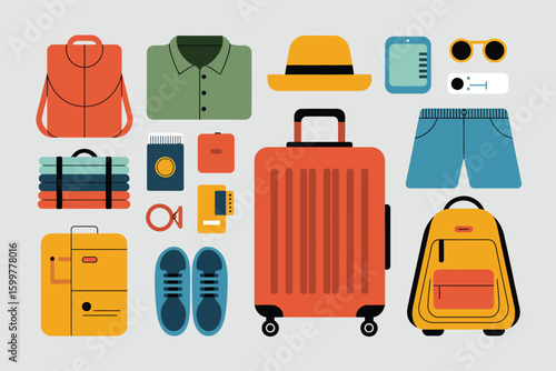 Flat lay illustration of luggage and travel accessories arranged on a light gray background surface