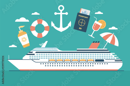A cartoon cruise ship with an anchor, passport, drink, and other travel related summer vacation items
