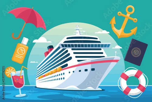 A cruise ship with a red umbrella, anchor, passport, sunscreen, cocktail, and life preserver icons