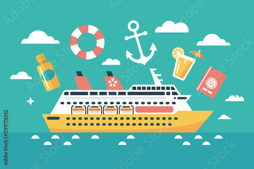 A cartoon cruise ship with a life preserver, anchor, drink, passport, sunscreen and clouds floating