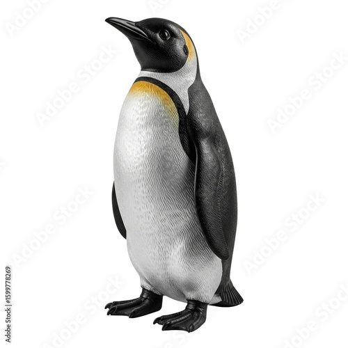 Penguin statue standing upright isolated on white background