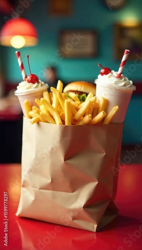 A classic diner-style takeaway bag overflowing with fries, burgers, and milkshakes, ready for pickup The perfect image for promoting quick and tasty food on the go , doubleburger, packaging