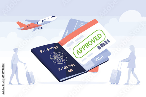 Illustration of passport boarding pass visa airplane and people with luggage ready for travel