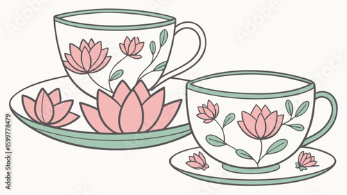Elegant lotus teacup set vector illustration for tea time design and floral tea party invitation cards