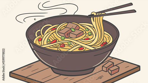 Delicious asian noodle bowl with chopsticks steaming hot and ready to eat for lunch or dinner time 100