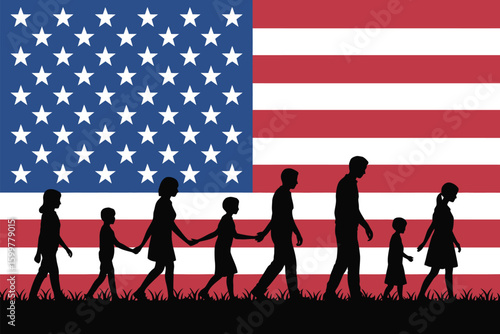 Silhouette of family walking in front of the american flag with stars and stripes in the background