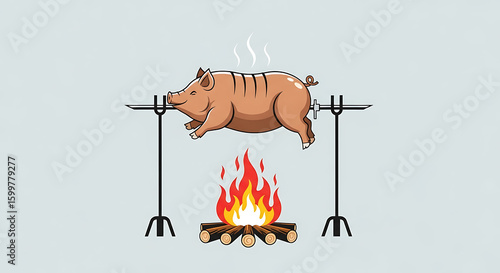 A simple illustration of a whole pig roasting on a spit over an open fire. This clean graphic is perfect for a barbecue, cookout, or luau theme.