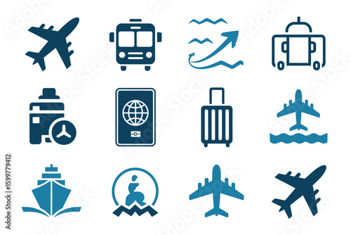 A collection of blue travel icons featuring airplane, bus, passport, ship, and luggage illustrations