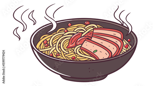 Delicious ramen noodle soup illustration with pork and steam for asian food lovers and culinary art fans