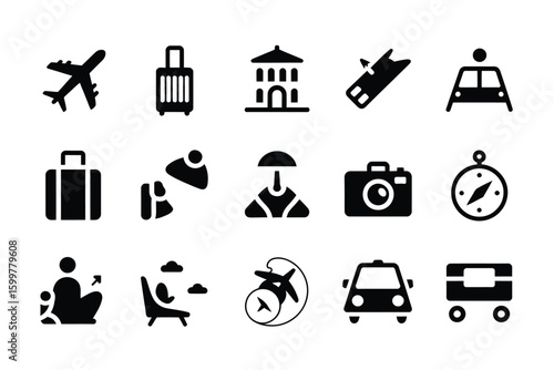 A collection of black travel icons including airplane luggage building ticket compass and other travel items