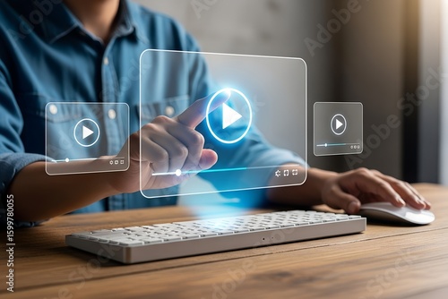 Person interacting with online video player interface using computer technology and keyboard