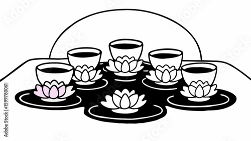 Elegant tea ceremony illustration with lotus flowers and cups in black and white vector design art