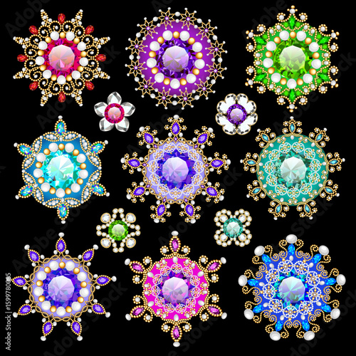Illustration set of jewelry vintage pendants and brooches with an ornament of gold  beads and precious stones and pearls