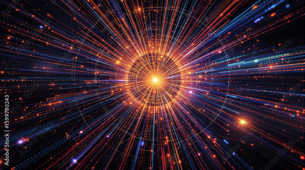 Fototapeta premium A vibrant, abstract digital artwork depicting a radiant, multicolored energy burst emanating from a central circular core, surrounded by intricate geometric patterns and glowing.