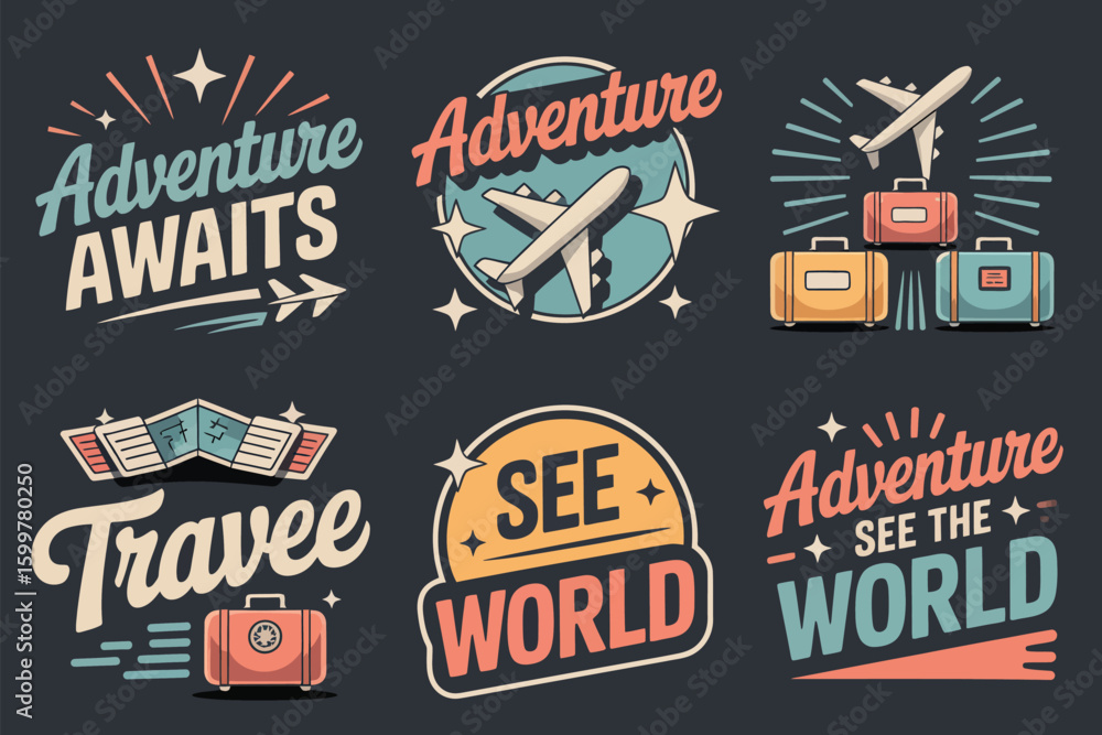 Fototapeta premium A collection of six travel themed stickers featuring planes, suitcases, and adventure slogans on dark background