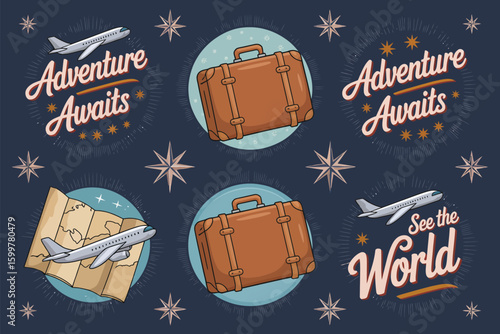 A travel themed background with suitcases, airplanes, maps, stars, and adventure awaits messages