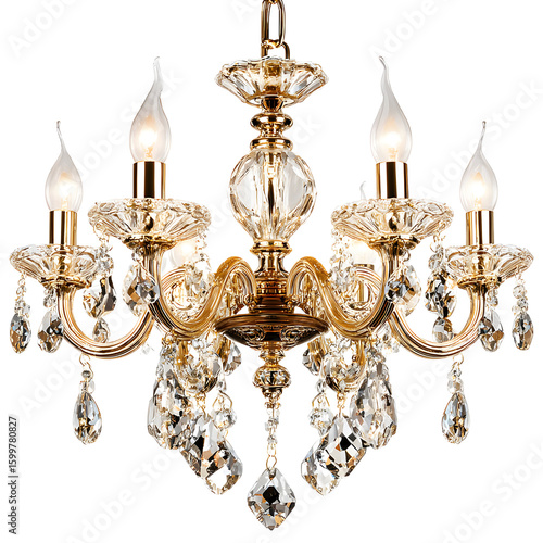 Golden crystal chandelier casting radiant light against a dark backdrop