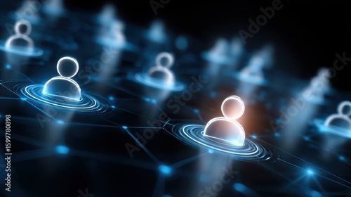 AI workforce solutions concept, Digital network connections among abstract human figures illuminated by glowing rings.
