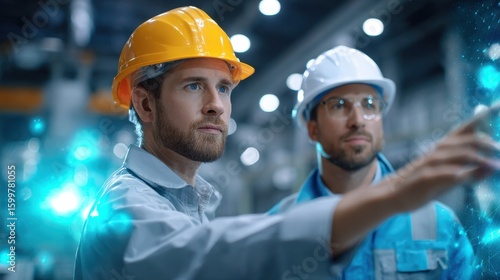 AI workforce solutions concept, Two engineers collaborating in a modern industrial setting, focused on a digital interface.