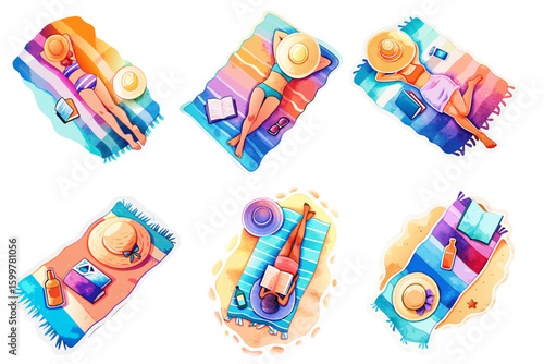Colorful summer beach sticker set with female sunbathers relaxing on towels with hats
