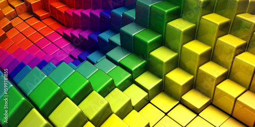 Vibrant 3D geometric cubes forming a colorful wave pattern.